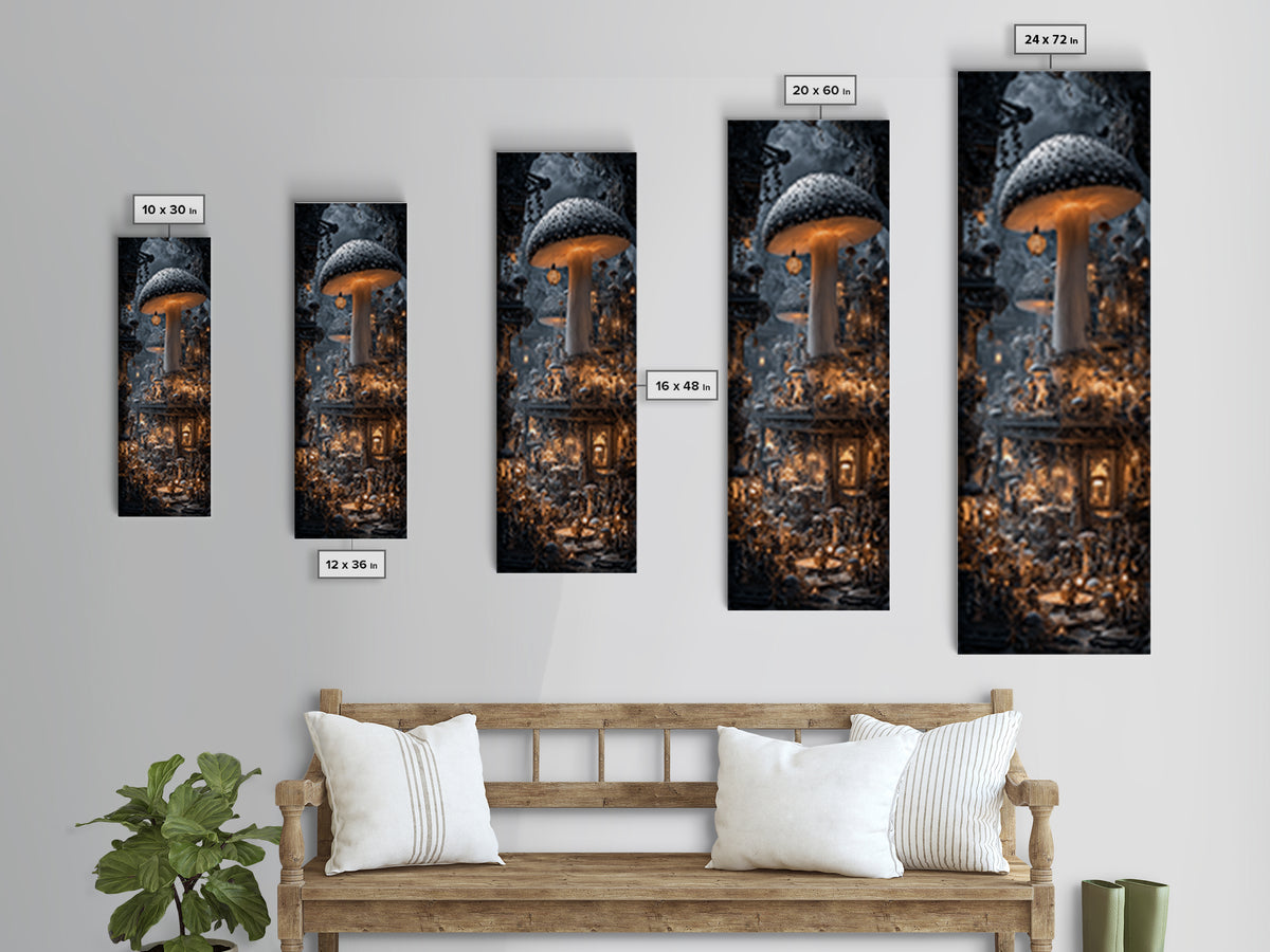 The Moonlit Mushroom Village, Tall Narrow Wall Art, Spooky Home Decor, Canvas Print, Halloween Wall Decor, Gothic Home Decor