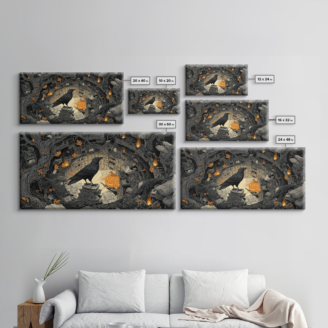 The Raven Post Office, Wide Panoramic Art, Spooky Home Decor, Canvas Print, Halloween Wall Decor, Gothic Home Decor, Halloween Wall Art