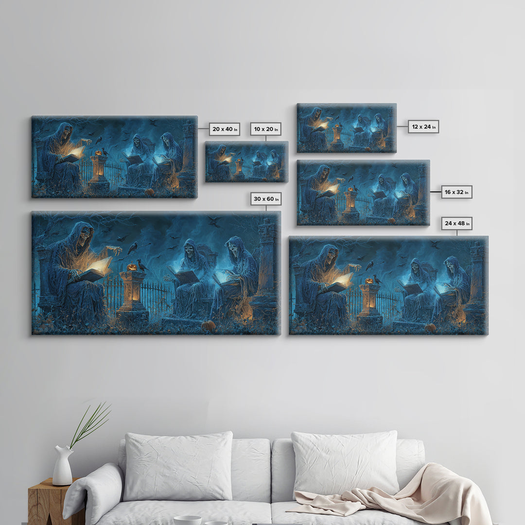 The Graveyard Book Club, Wide Panoramic Art, Macabre Wall Art, Framed Canvas Print, Halloween Wall Decor, Gothic Home Decor, Horror Wall Art