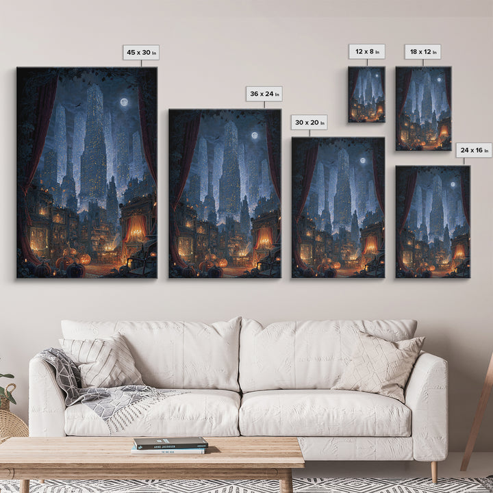 The Haunted City Skyline, Vertical Wall Art, Haunted Gothic Art, Framed Canvas Print, Halloween Wall Decor, Gothic Home Decor
