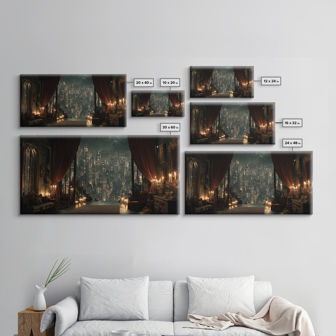 The Haunted City Skyline, Wide Panoramic Art, Dark Fantasy Wall Art, Canvas Print, Halloween Wall Decor, Gothic Home Decor