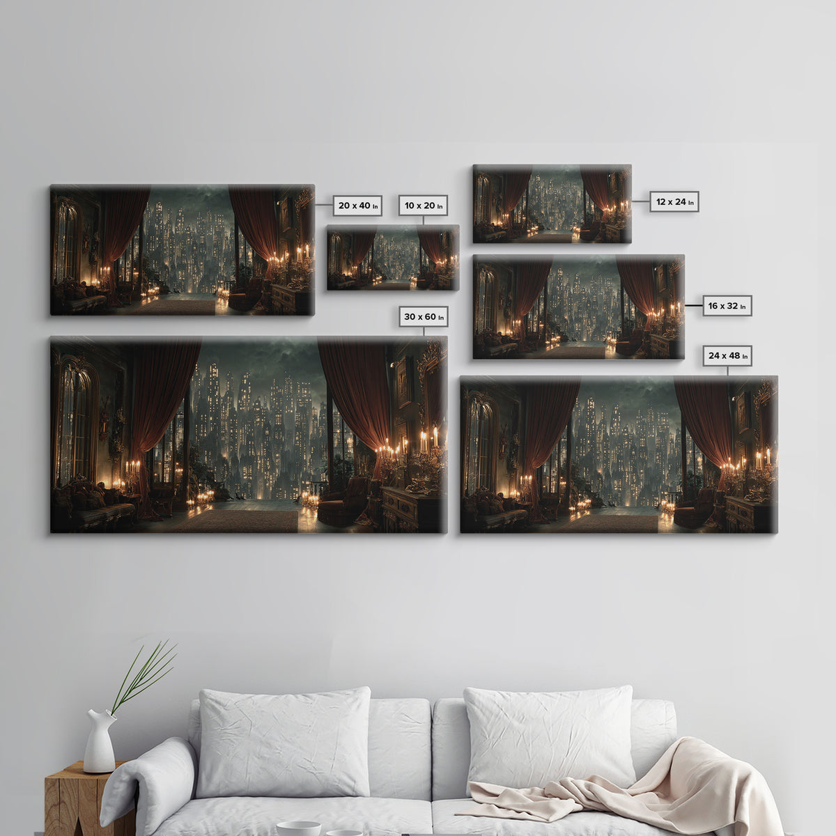 The Haunted City Skyline, Wide Panoramic Art, Dark Fantasy Wall Art, Canvas Print, Halloween Wall Decor, Gothic Home Decor
