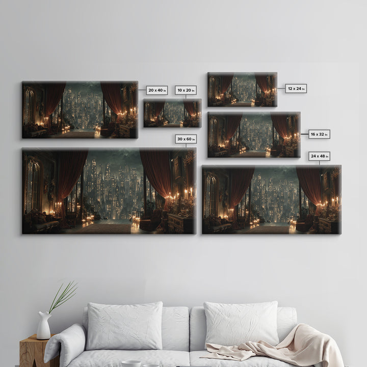 The Haunted City Skyline, Wide Panoramic Art, Dark Fantasy Wall Art, Canvas Print, Halloween Wall Decor, Gothic Home Decor