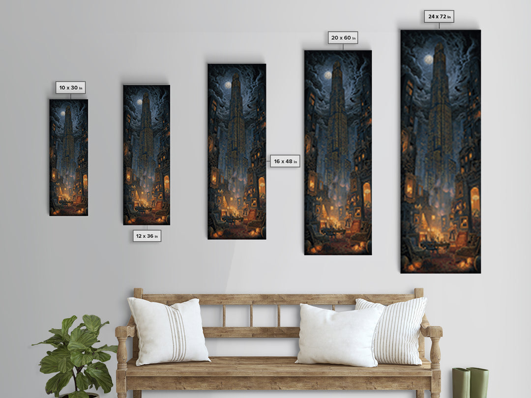 The Haunted City Skyline, Tall Narrow Wall Art, Haunted Gothic Art, Framed Canvas Print, Halloween Wall Decor, Gothic Home Decor