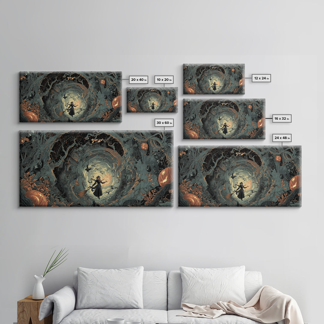 The Cyberpunk Witch, Wide Panoramic Art, Haunted Gothic Art, Framed Canvas Print, Halloween Wall Decor, Gothic Home Decor