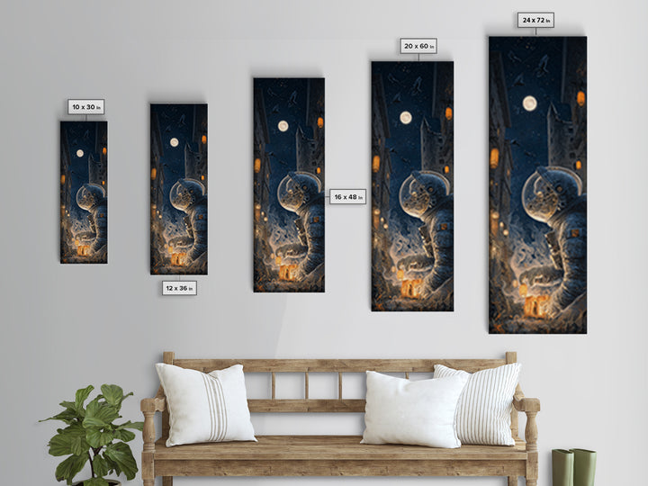 The Astronaut Ghost, Tall Narrow Wall Art, Macabre Wall Art, Framed Canvas Print, Halloween Wall Decor, Gothic Home Decor