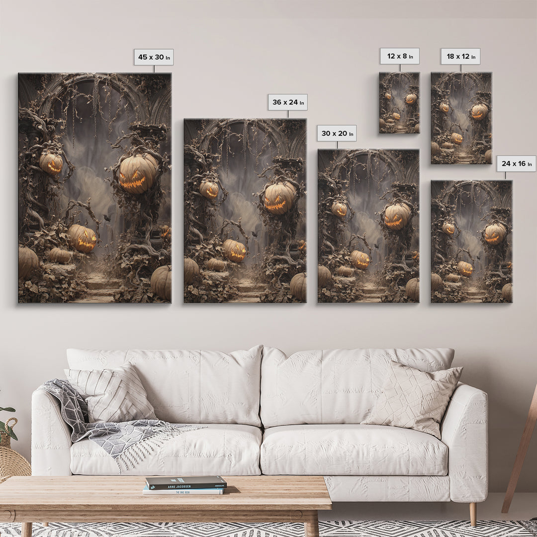 The Alien Pumpkin Patch, Vertical Wall Art, Haunted Gothic Art, Framed Canvas Print, Halloween Wall Decor, Gothic Home Decor