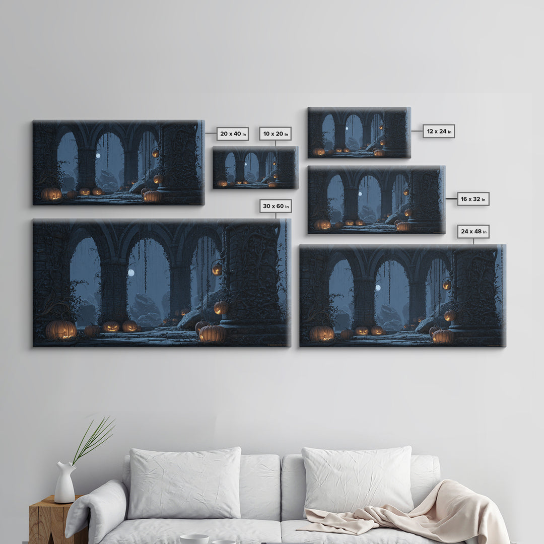 The Alien Pumpkin Patch, Wide Panoramic Art, Gothic Horror Wall Art, Framed Canvas Print, Halloween Wall Decor, Gothic Home Decor