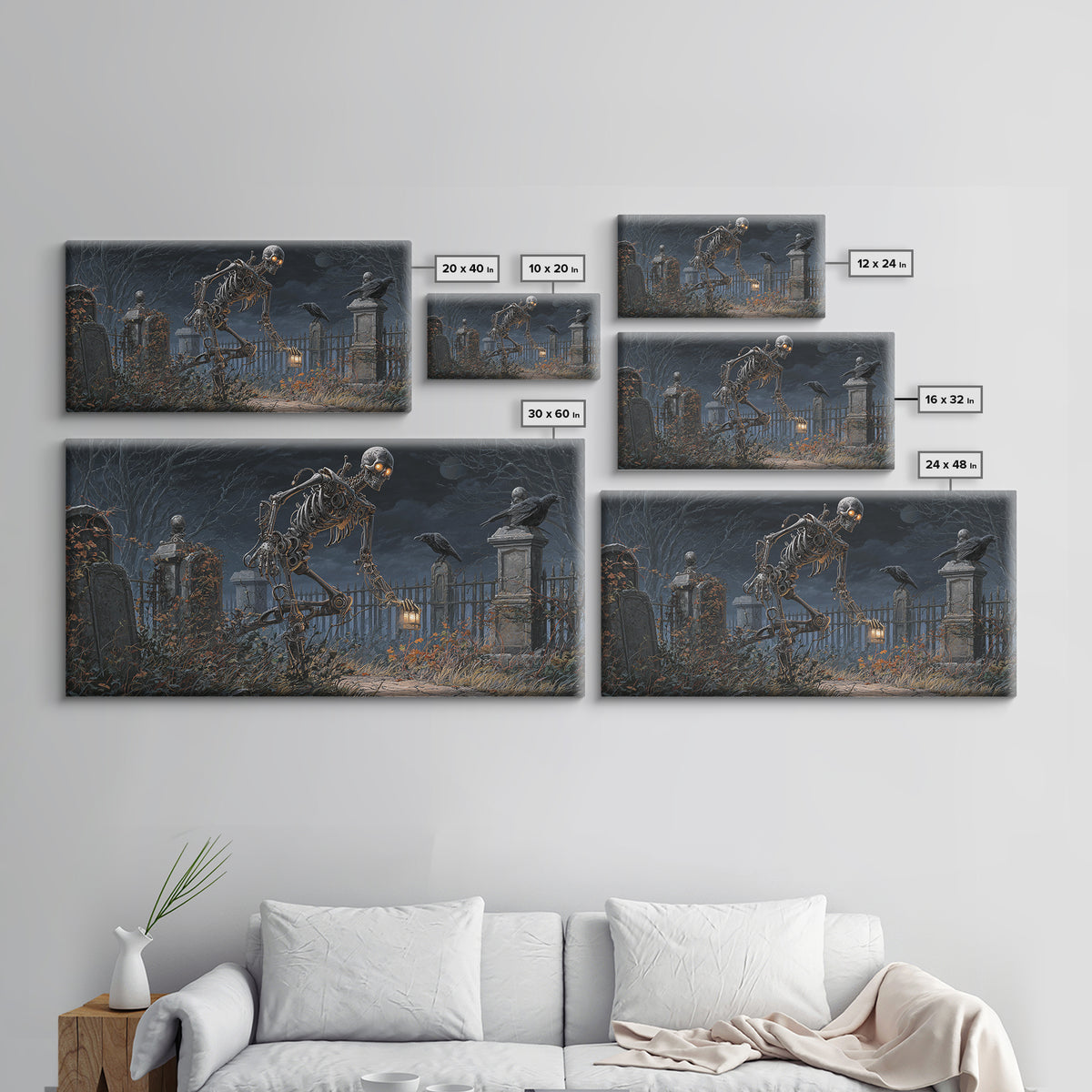 The Biomechanical Skeleton, Wide Panoramic Art, Gothic Horror Wall Art, Framed Canvas Print, Halloween Wall Decor, Gothic Home Decor