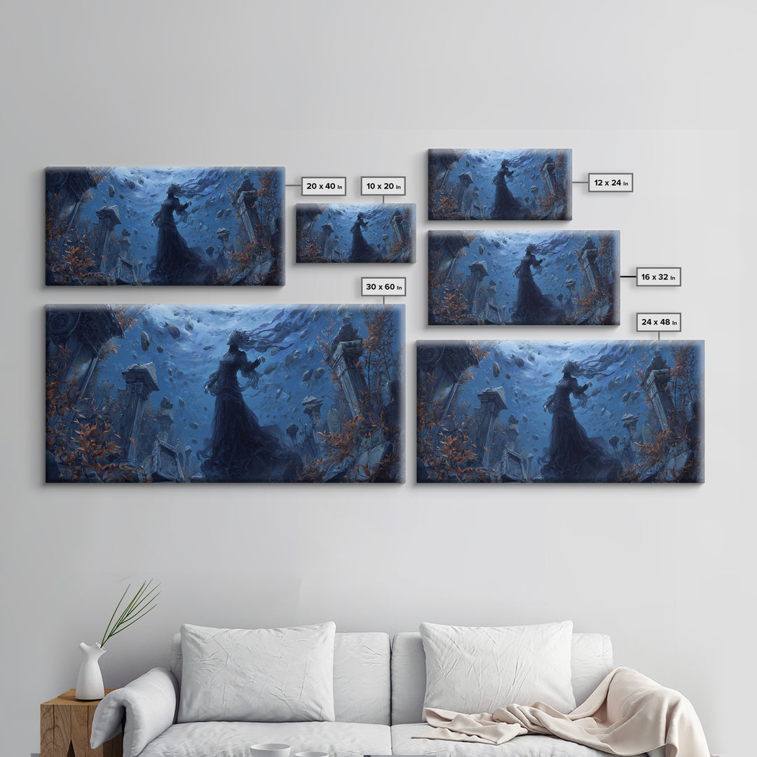 The Underwater Graveyard, Wide Panoramic Art, Haunted Gothic Art, Framed Canvas Print, Halloween Wall Decor, Gothic Home Decor
