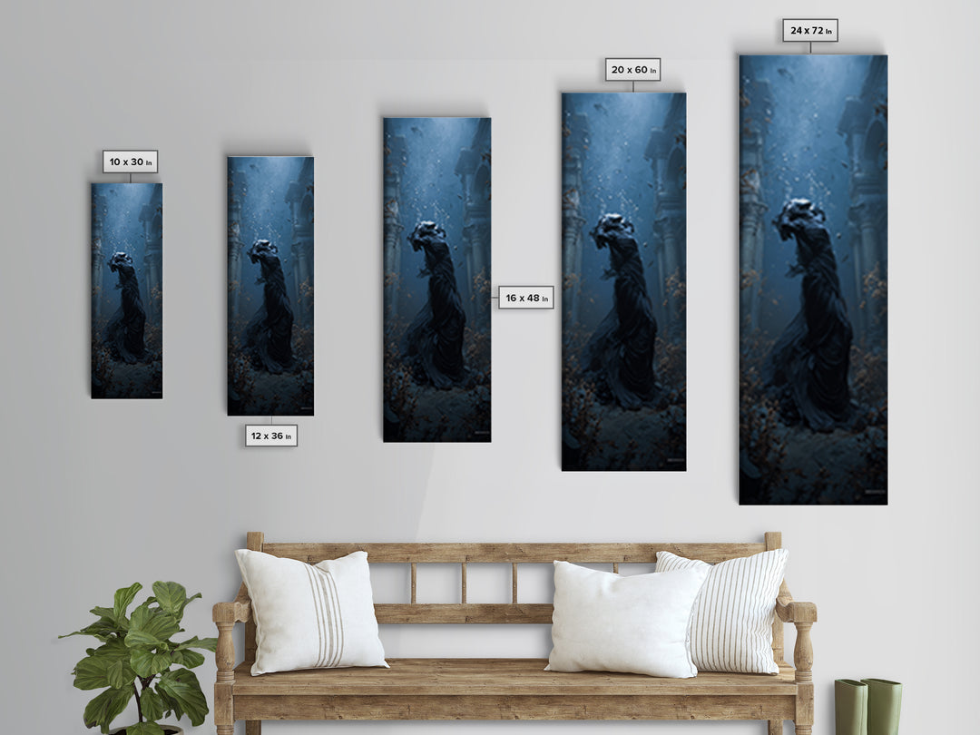 The Underwater Graveyard, Tall Narrow Wall Art, Haunted Gothic Art, Framed Canvas Print, Halloween Wall Decor, Gothic Home Decor