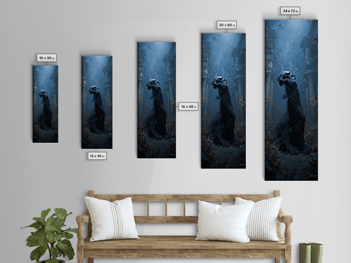 The Underwater Graveyard, Tall Narrow Wall Art, Haunted Gothic Art, Framed Canvas Print, Halloween Wall Decor, Gothic Home Decor