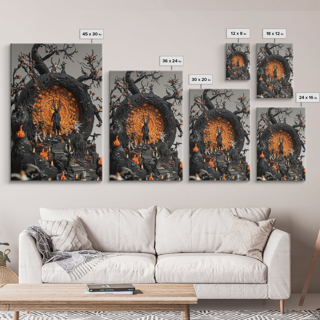 The Volcanic Demon Festival, Vertical Wall Art, Haunted Gothic Art, Framed Canvas Print, Halloween Wall Decor, Gothic Home Decor
