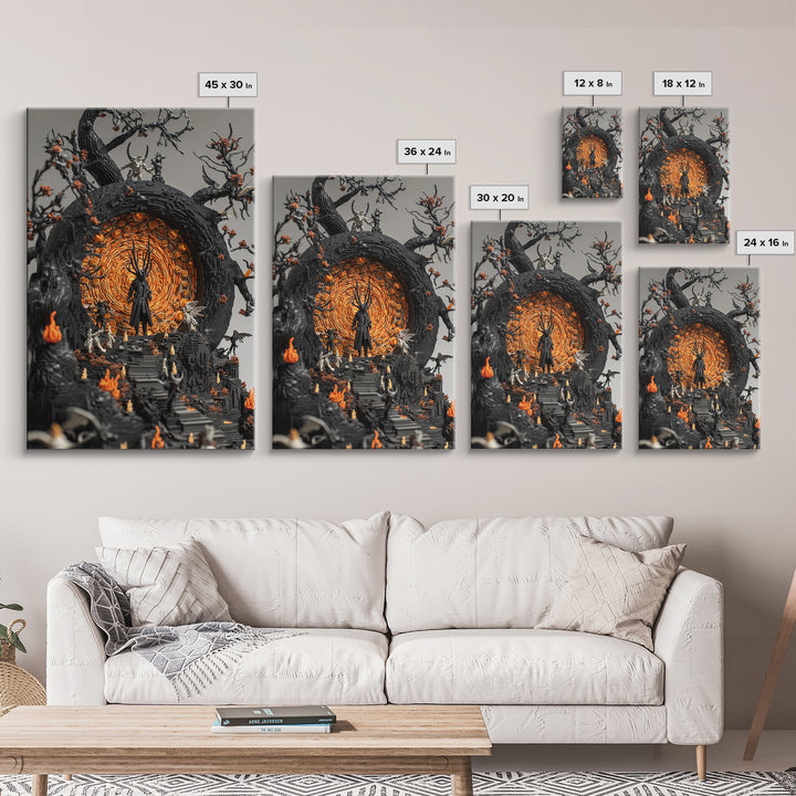 The Volcanic Demon Festival, Vertical Wall Art, Haunted Gothic Art, Framed Canvas Print, Halloween Wall Decor, Gothic Home Decor