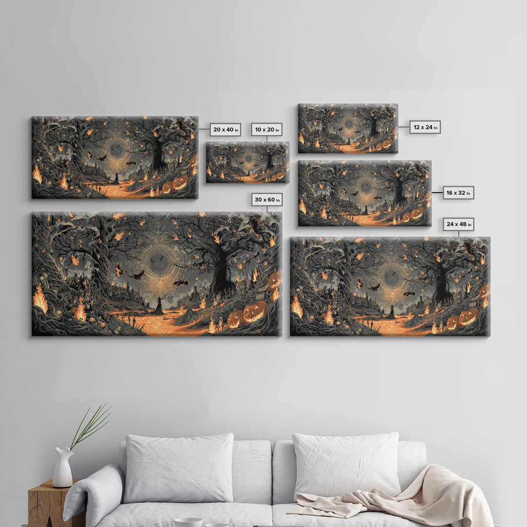 The Volcanic Demon Festival, Wide Panoramic Art, Haunted Gothic Art, Framed Canvas Print, Halloween Wall Decor, Gothic Home Decor