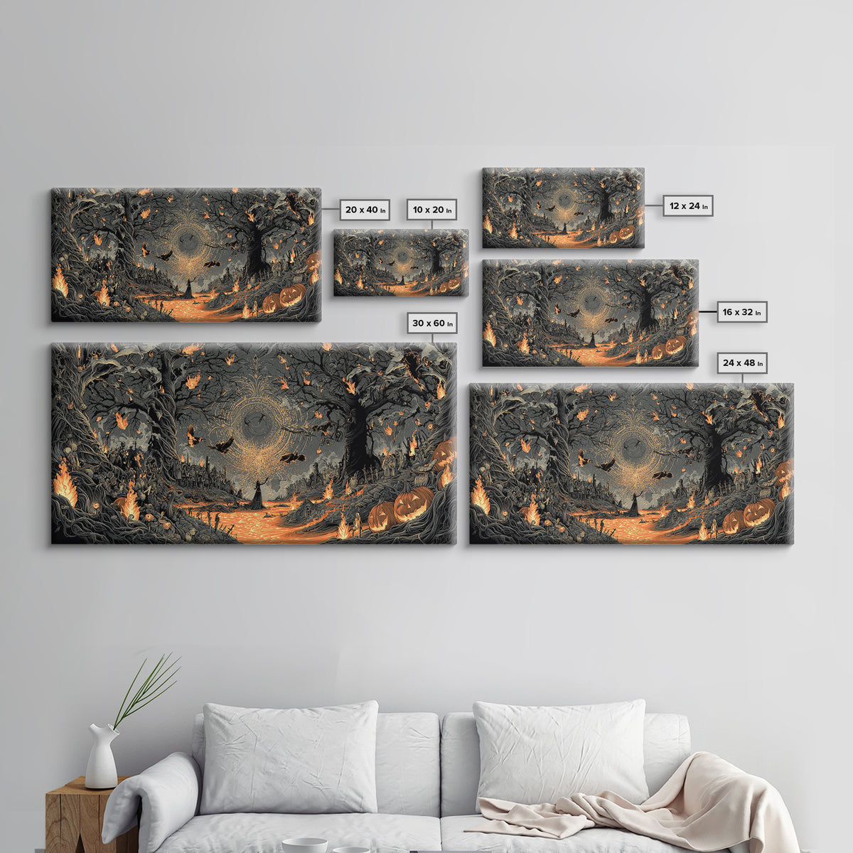 The Volcanic Demon Festival, Wide Panoramic Art, Haunted Gothic Art, Framed Canvas Print, Halloween Wall Decor, Gothic Home Decor