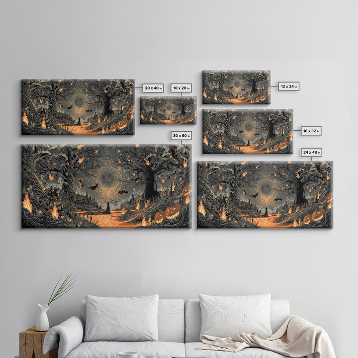The Volcanic Demon Festival, Wide Panoramic Art, Haunted Gothic Art, Framed Canvas Print, Halloween Wall Decor, Gothic Home Decor