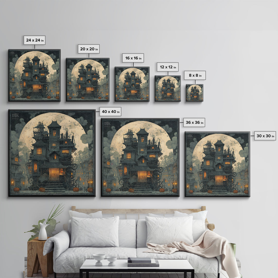 The Clockwork Haunted House, Square Wall Art, Dark Fantasy Wall Art, Canvas Print, Halloween Wall Decor, Gothic Home Decor