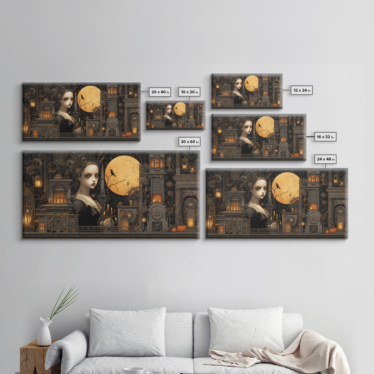 The Clockwork Haunted House, Wide Panoramic Art, Dark Halloween Decor, Canvas Print, Halloween Wall Decor, Gothic Home Decor