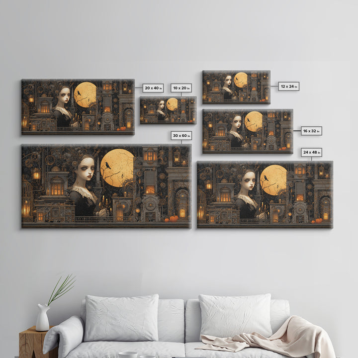 The Clockwork Haunted House, Wide Panoramic Art, Dark Halloween Decor, Canvas Print, Halloween Wall Decor, Gothic Home Decor