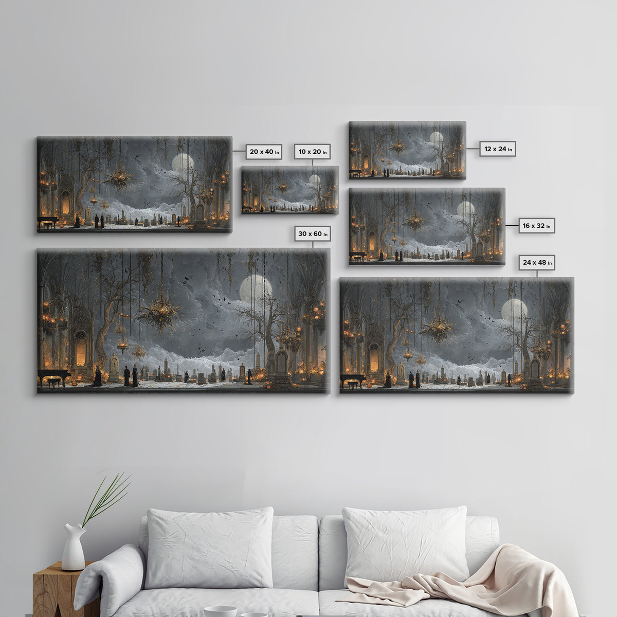 The Upside-Down Cemetery, Wide Panoramic Art, Macabre Wall Art, Framed Canvas Print, Halloween Wall Decor, Gothic Home Decor