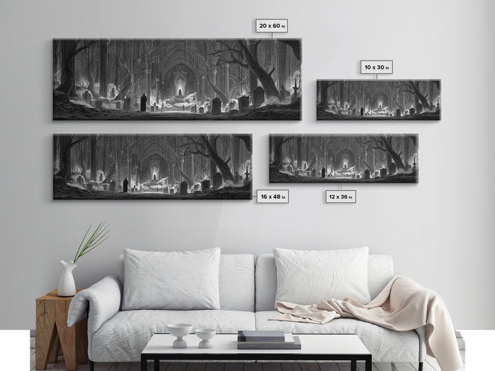 The Upside-Down Cemetery, Extra Wide Wall Art, Gothic Horror Wall Art, Framed Canvas Print, Halloween Wall Decor, Gothic Home Decor