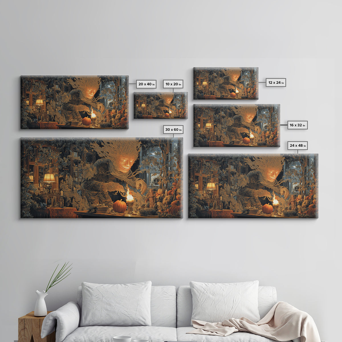 The Autumn-Leaf Ghost, Wide Panoramic Art, Macabre Wall Art, Framed Canvas Print, Halloween Wall Decor, Gothic Home Decor, Spooky Wall Decor