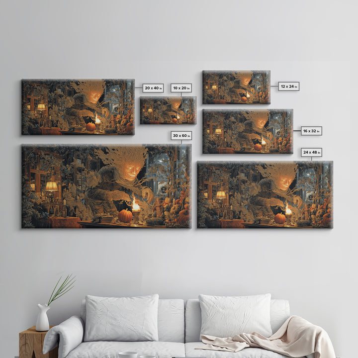 The Autumn-Leaf Ghost, Wide Panoramic Art, Macabre Wall Art, Framed Canvas Print, Halloween Wall Decor, Gothic Home Decor, Spooky Wall Decor
