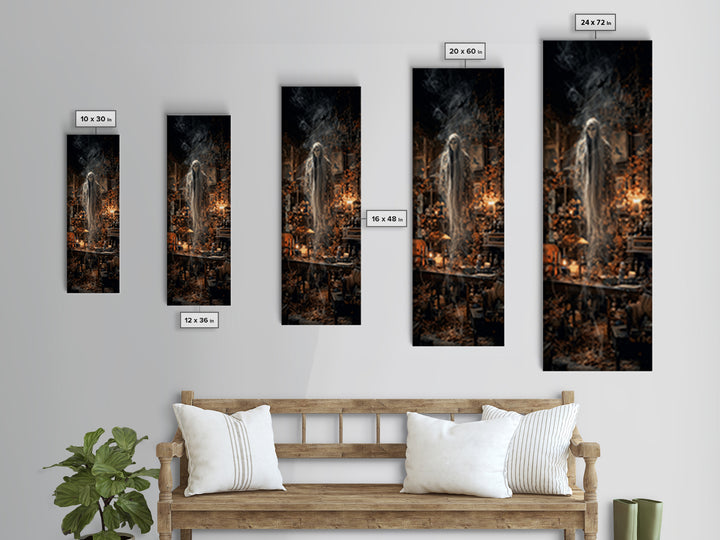 The Autumn-Leaf Ghost, Tall Narrow Wall Art, Macabre Wall Art, Framed Canvas Print, Halloween Wall Decor, Gothic Home Decor