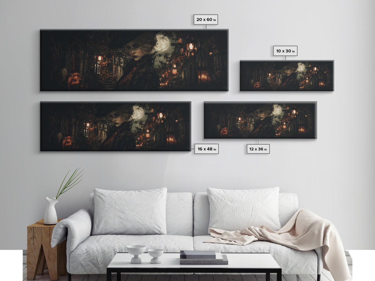 The Town Where Shadows Live, Extra Wide Wall Art, Macabre Wall Art, Framed Canvas Print, Halloween Wall Decor, Gothic Home Decor