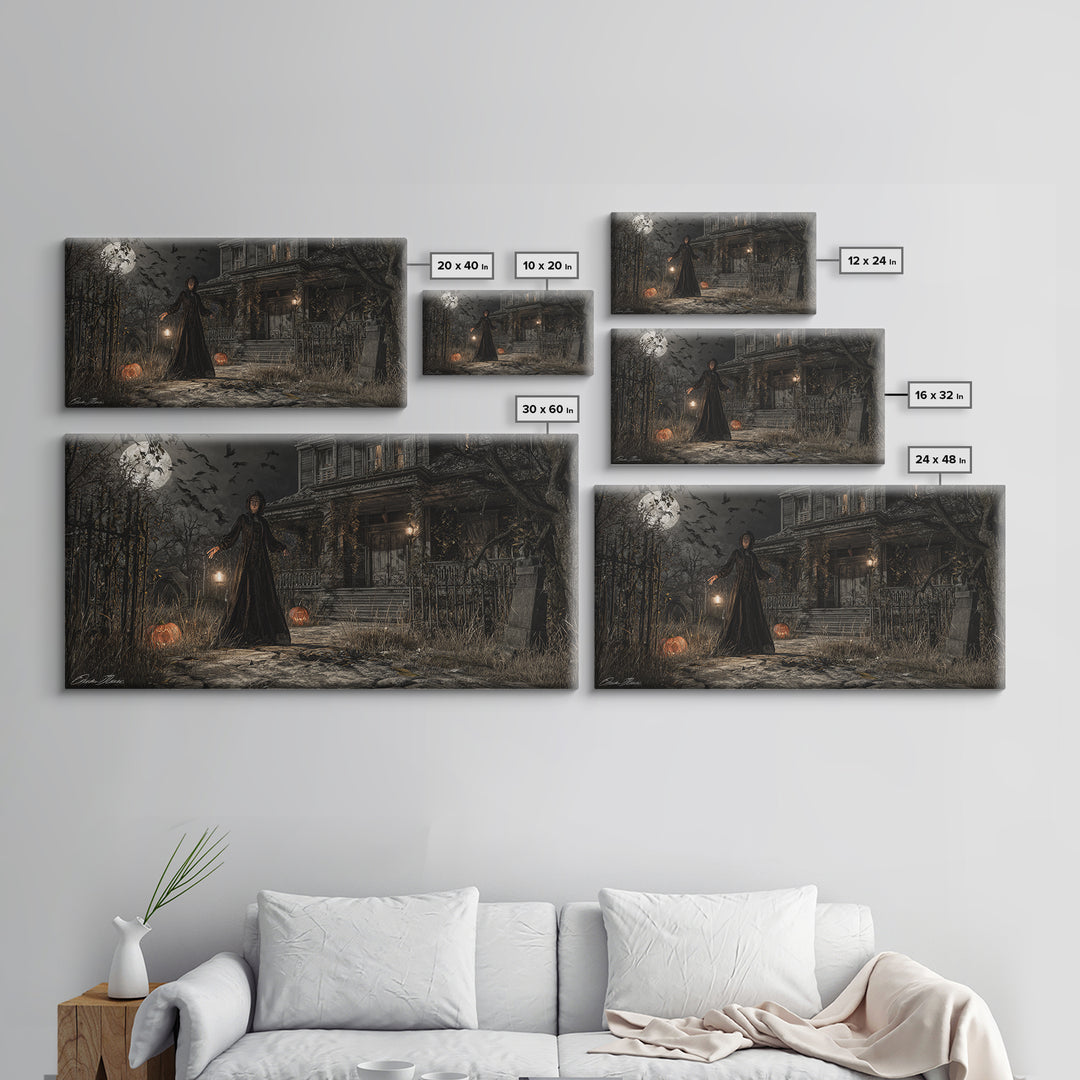 The Last House At The World'S Edge, Wide Panoramic Art, Haunted Gothic Art, Framed Canvas Print, Halloween Wall Decor, Gothic Home Decor