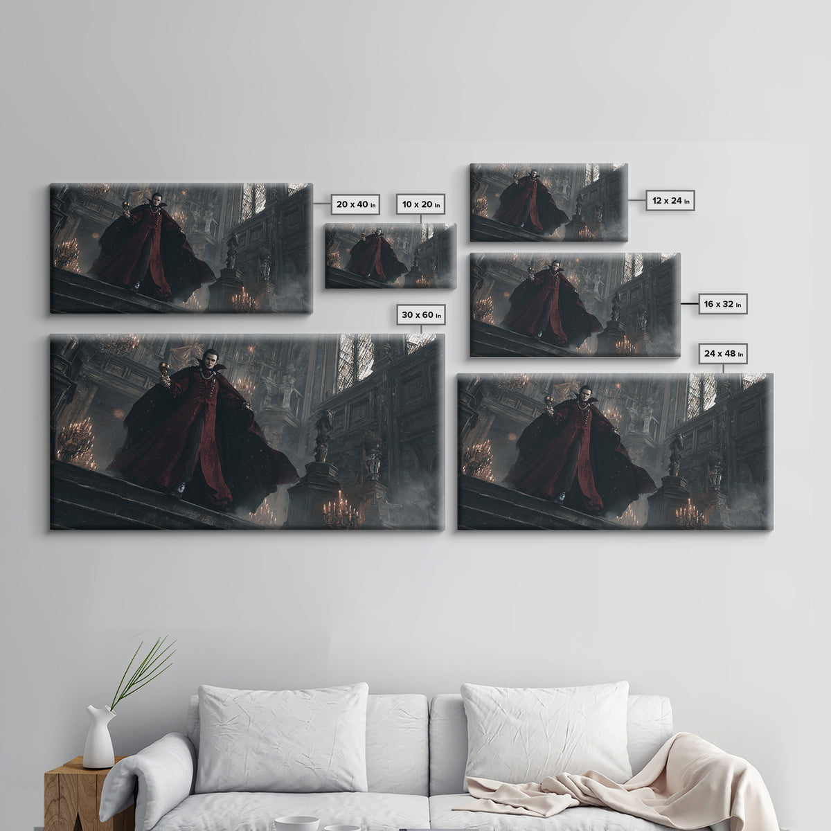 The Crimson Count Of Hollow Keep, Wide Panoramic Art, Gothic Horror Wall Art, Framed Canvas Print, Halloween Wall Decor, Gothic Home Decor
