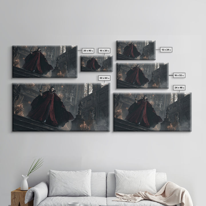 The Crimson Count Of Hollow Keep, Wide Panoramic Art, Gothic Horror Wall Art, Framed Canvas Print, Halloween Wall Decor, Gothic Home Decor