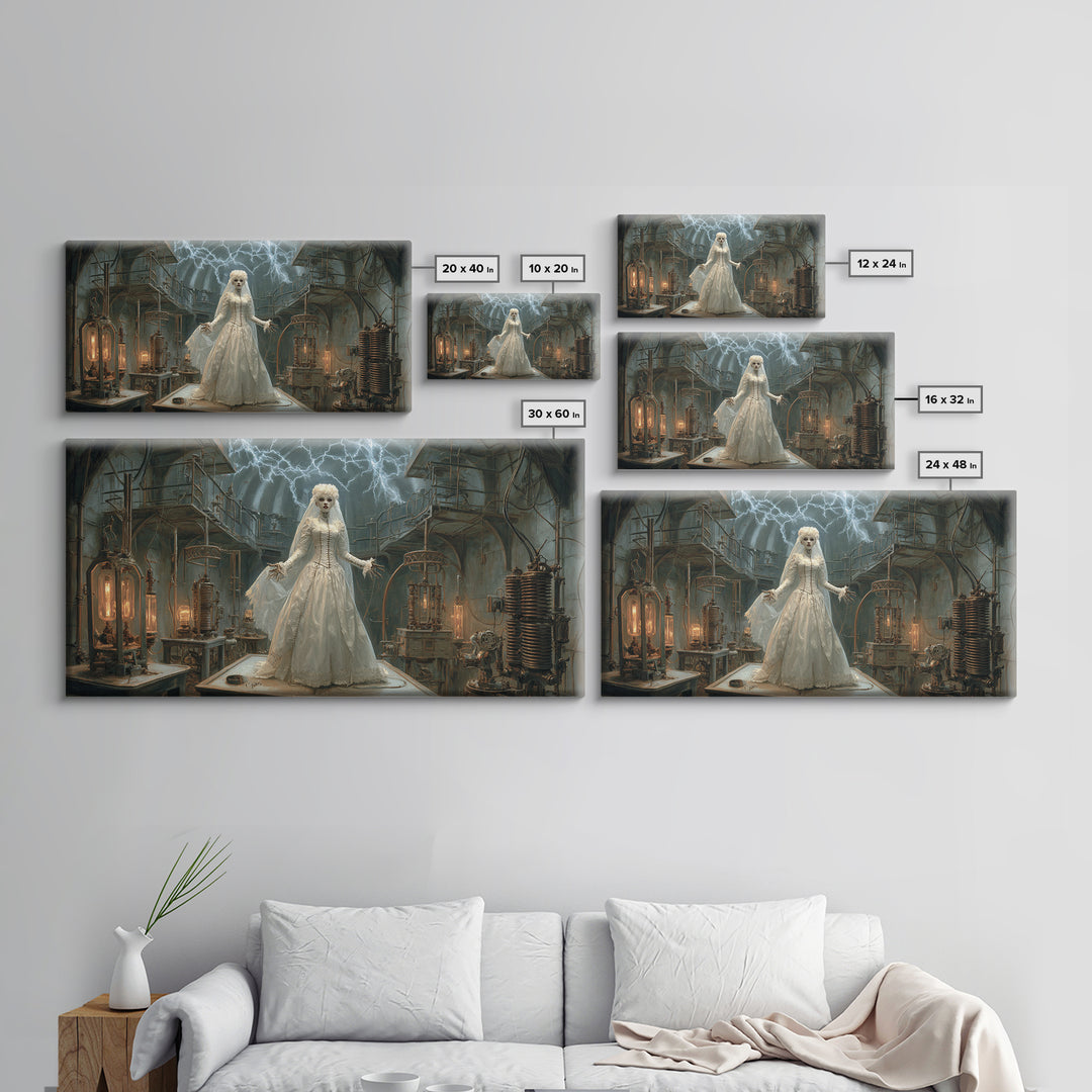 The Stitched Bride Of Thunder Hall, Wide Panoramic Art, Dark Fantasy Wall Art, Canvas Print, Halloween Wall Decor, Gothic Home Decor
