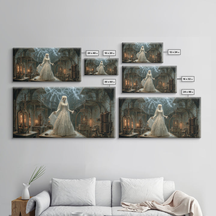 The Stitched Bride Of Thunder Hall, Wide Panoramic Art, Dark Fantasy Wall Art, Canvas Print, Halloween Wall Decor, Gothic Home Decor