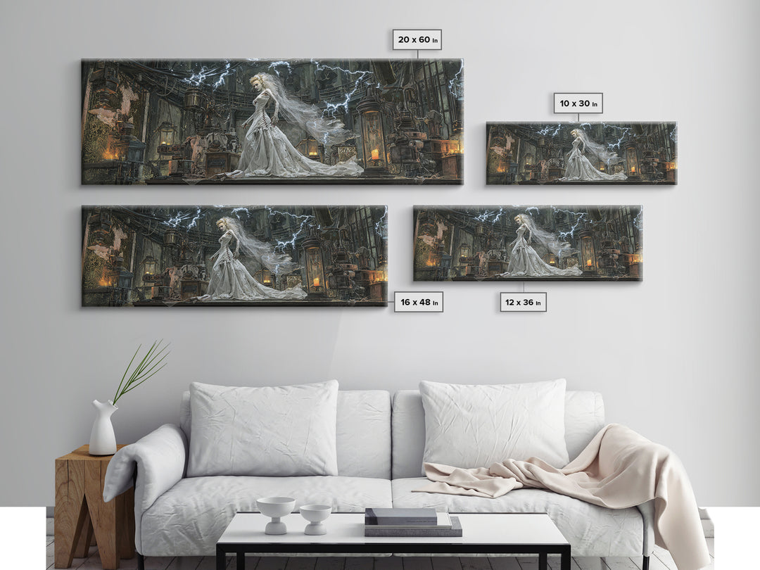 The Stitched Bride Of Thunder Hall, Extra Wide Wall Art, Haunted Gothic Art, Framed Canvas Print, Halloween Wall Decor, Gothic Home Decor