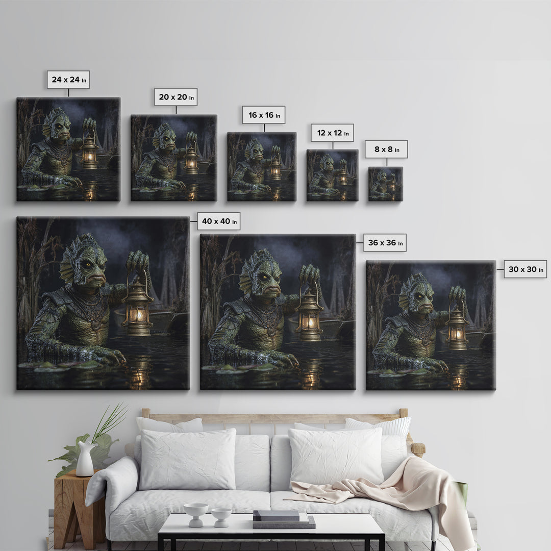 The Creature Of Lantern Lagoon, Square Wall Art, Macabre Wall Art, Framed Canvas Print, Halloween Wall Decor, Gothic Home Decor