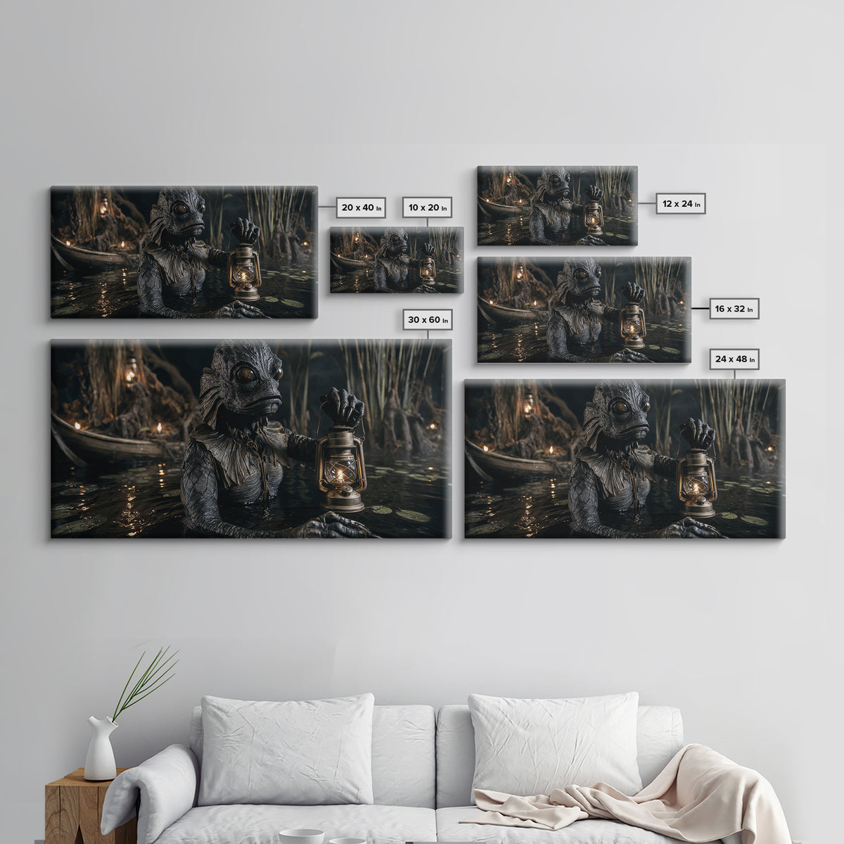 The Creature Of Lantern Lagoon, Wide Panoramic Art, Haunted Gothic Art, Framed Canvas Print, Halloween Wall Decor, Gothic Home Decor
