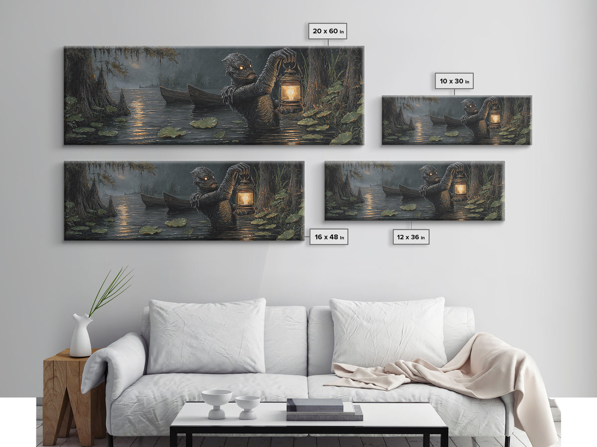 The Creature Of Lantern Lagoon, Extra Wide Wall Art, Spooky Home Decor, Canvas Print, Halloween Wall Decor, Gothic Home Decor