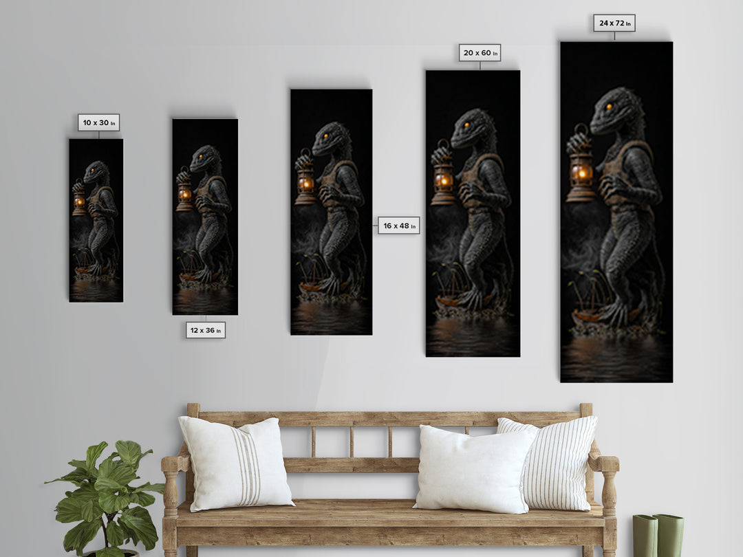 The Creature Of Lantern Lagoon, Tall Narrow Wall Art, Haunted Gothic Art, Framed Canvas Print, Halloween Wall Decor, Gothic Home Decor