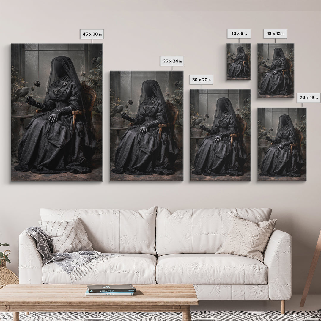The Invisible Mourner Of Glass House, Vertical Wall Art, Haunted Gothic Art, Framed Canvas Print, Halloween Wall Decor, Gothic Home Decor