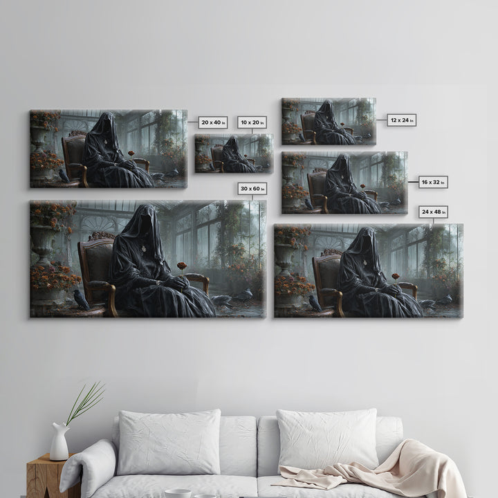 The Invisible Mourner Of Glass House, Wide Panoramic Art, Gothic Horror Wall Art, Framed Canvas Print, Halloween Wall Decor