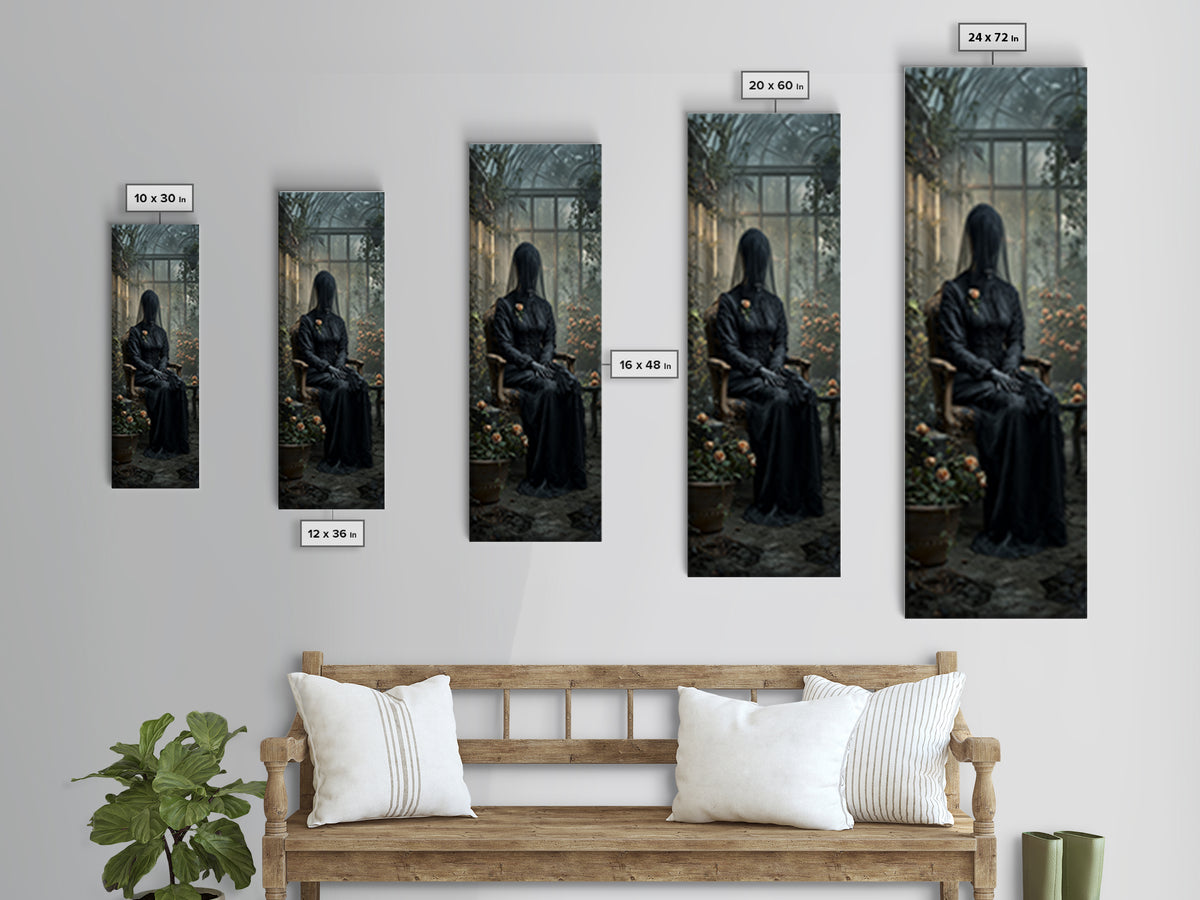 The Invisible Mourner Of Glass House, Tall Narrow Wall Art, Haunted Gothic Art, Framed Canvas Print, Halloween Wall Decor, Gothic Home Decor