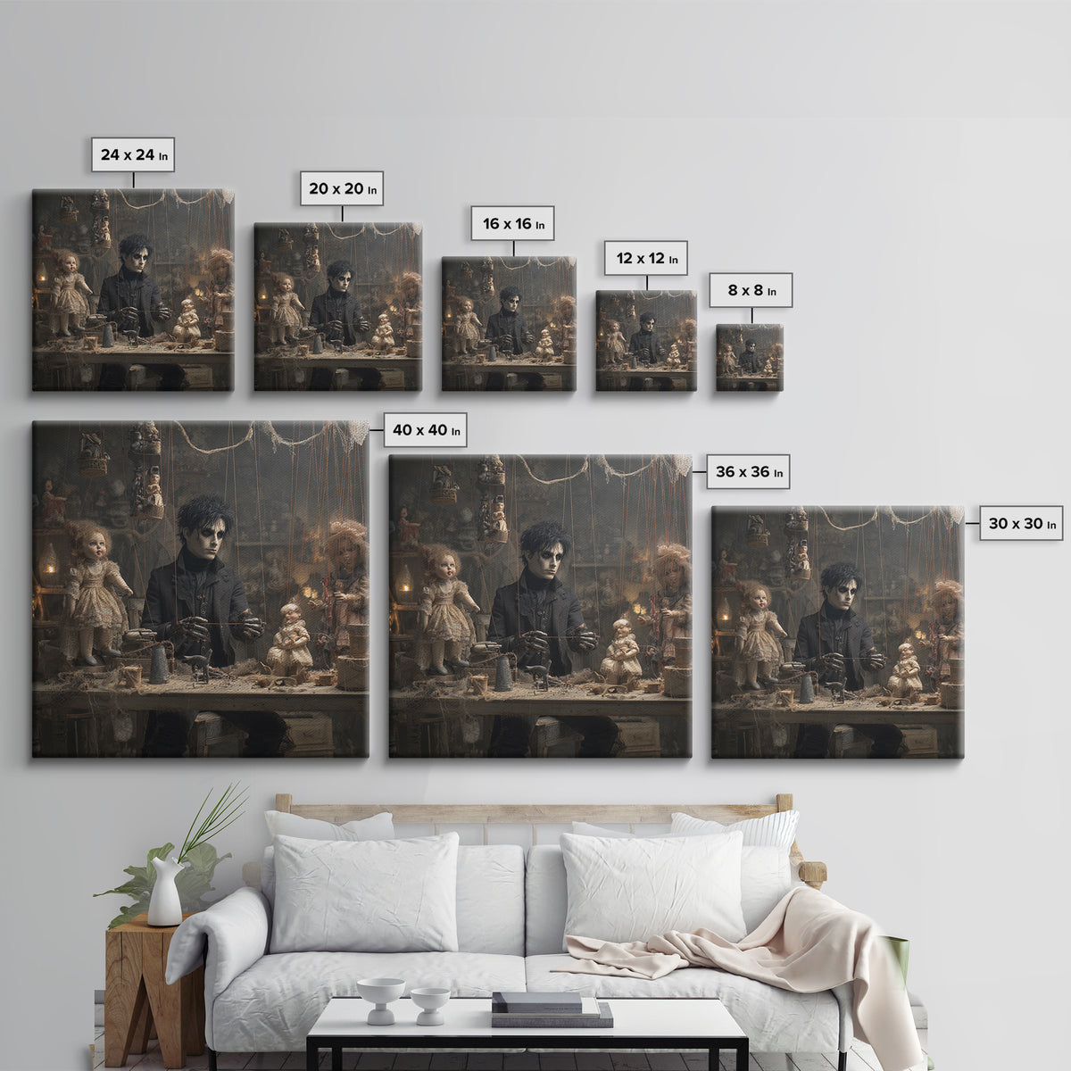 The Dollmaker Of Hollow Ward, Square Wall Art, Haunted Gothic Art, Framed Canvas Print, Halloween Wall Decor, Gothic Home Decor