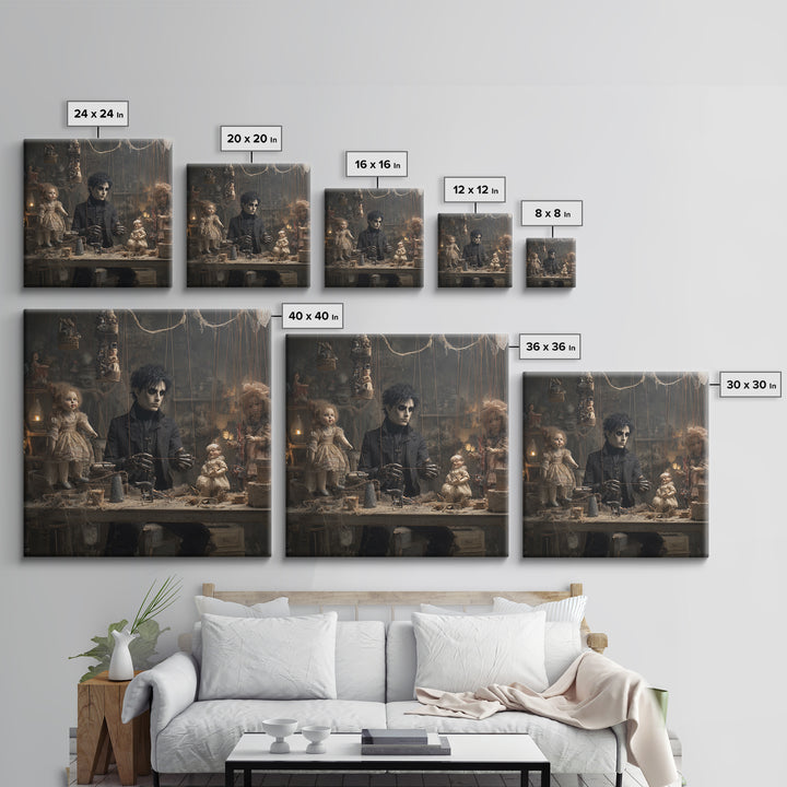 The Dollmaker Of Hollow Ward, Square Wall Art, Haunted Gothic Art, Framed Canvas Print, Halloween Wall Decor, Gothic Home Decor