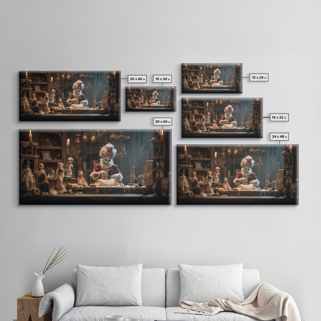The Dollmaker Of Hollow Ward, Wide Panoramic Art, Macabre Wall Art, Framed Canvas Print, Halloween Wall Decor, Gothic Home Decor