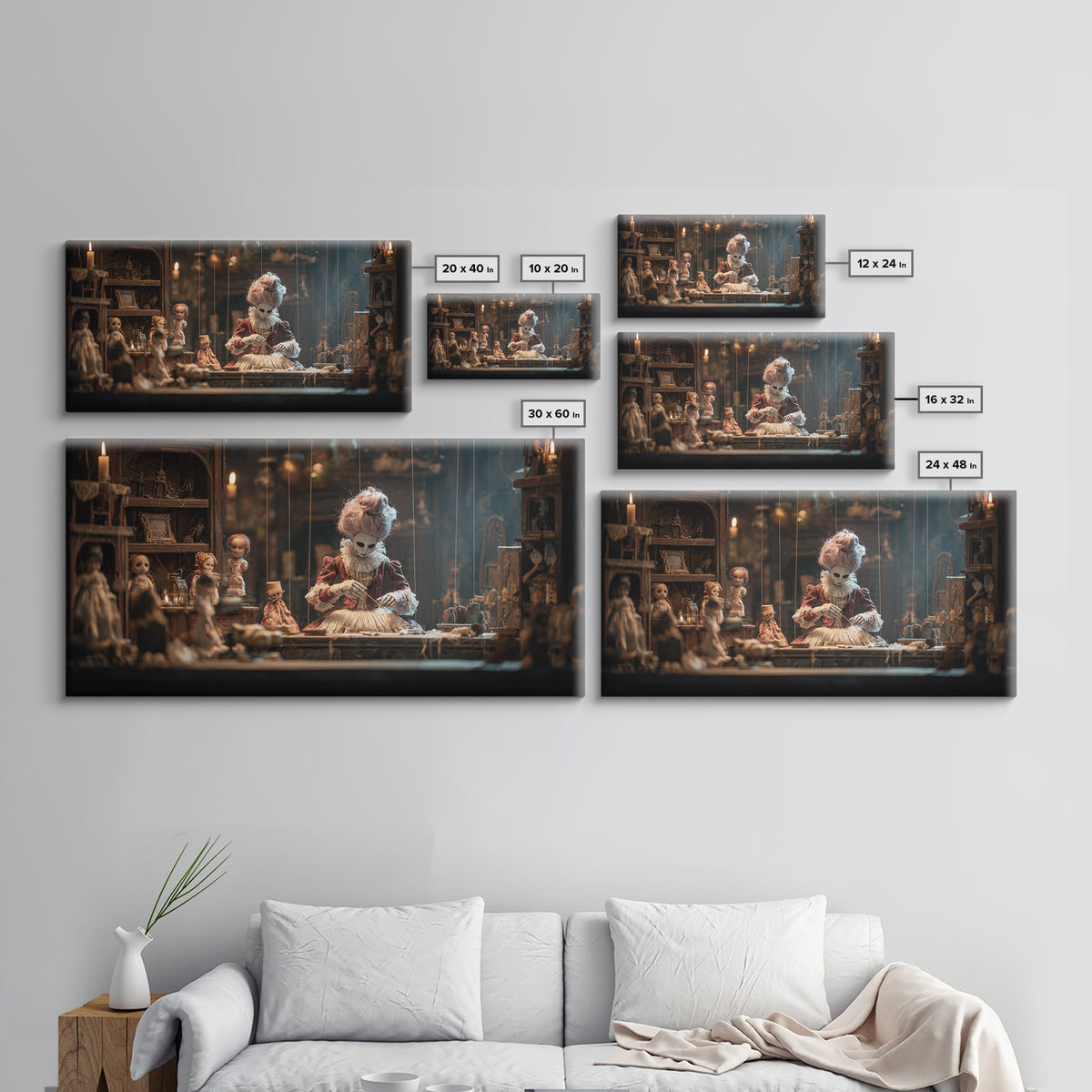 The Dollmaker Of Hollow Ward, Wide Panoramic Art, Macabre Wall Art, Framed Canvas Print, Halloween Wall Decor, Gothic Home Decor