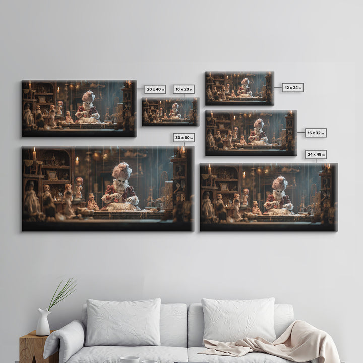 The Dollmaker Of Hollow Ward, Wide Panoramic Art, Macabre Wall Art, Framed Canvas Print, Halloween Wall Decor, Gothic Home Decor