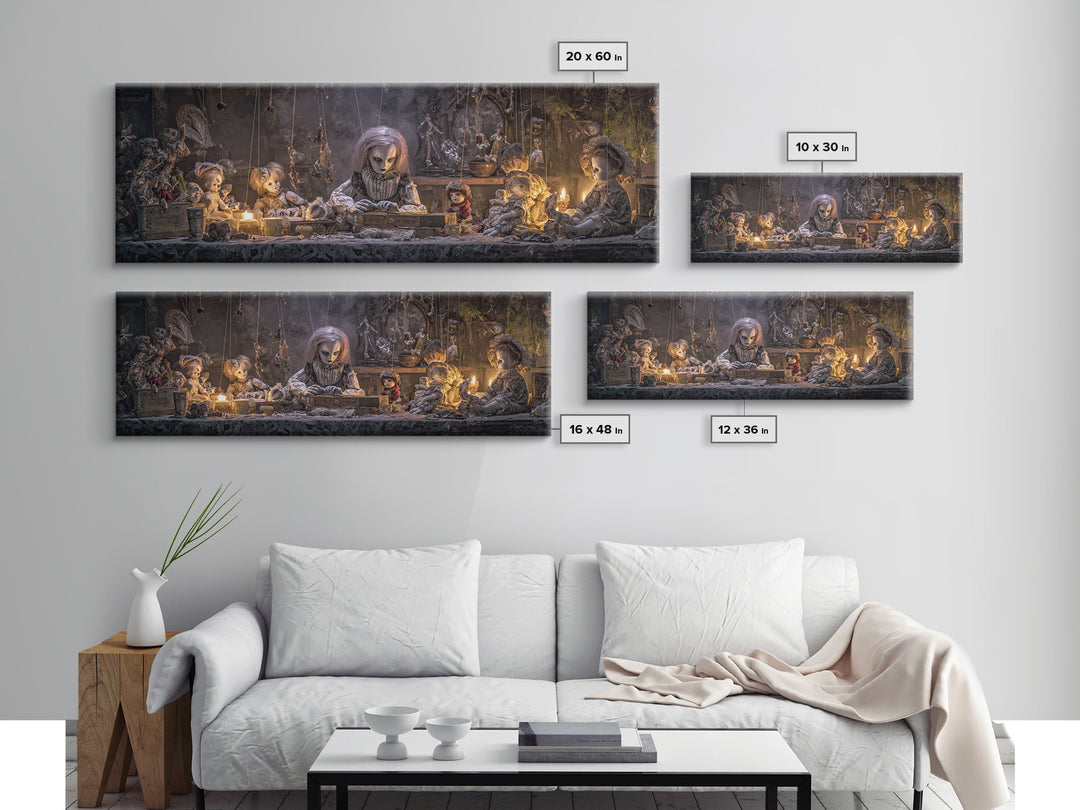 The Dollmaker Of Hollow Ward, Extra Wide Wall Art, Macabre Wall Art, Framed Canvas Print, Halloween Wall Decor, Gothic Home Decor
