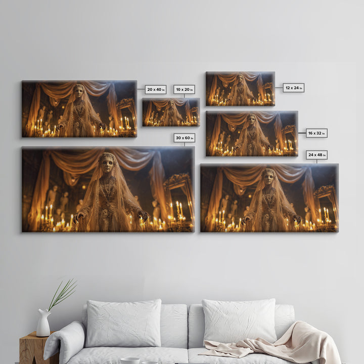 The Wax Bride Of Mourning Hall, Wide Panoramic Art, Macabre Wall Art, Framed Canvas Print, Halloween Wall Decor, Gothic Home Decor